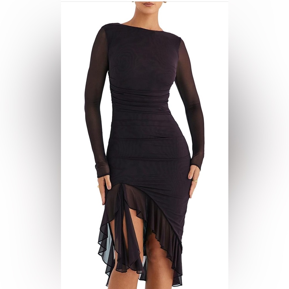 Black Long Sleeve Midi Mesh Bodycon Ruffled Dress